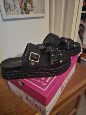 Corkys Black Studded Platform Slide Mules with Buckle Detail